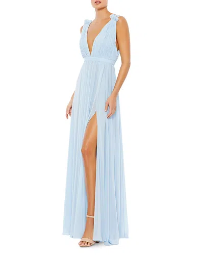 Mac Duggal Pleated Chiffon Sleeveless V-neck Gown In Powder Blue