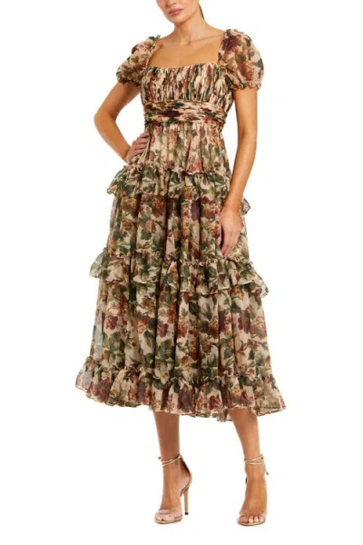 Mac Duggal Chiffon Puff Sleeve A Line Midi Dress With Ruffles In Brown