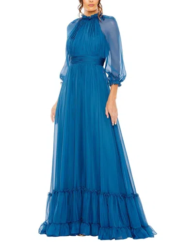Mac Duggal Chiffon Ruched Illusion Raglan Sleeve Ruffled Gown In Blue