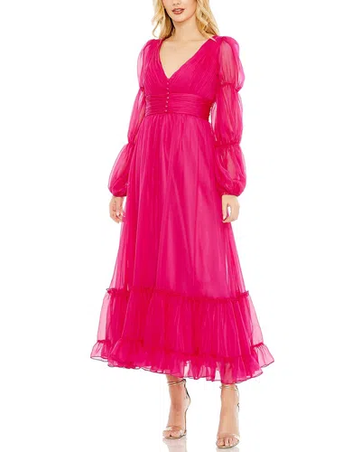 Mac Duggal Chiffon Ruched Tiered Puff Sleeve A-line Dress In Pink