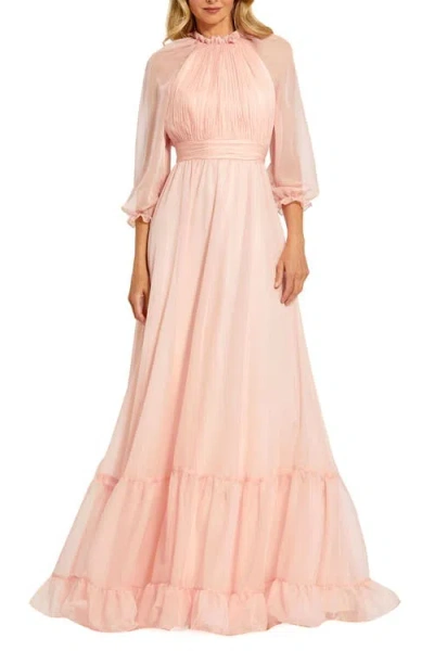 Mac Duggal Chiffon Ruffled High Neck Raglan Sleeves Evening Gown In Blush