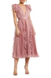 Mac Duggal Chiffon Ruffled Midi Dress With Pleated Detailing In Rose