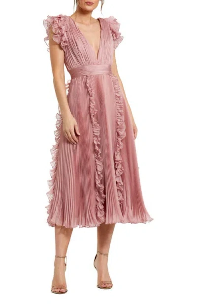Mac Duggal Chiffon Ruffled Midi Dress With Pleated Detailing In Rose