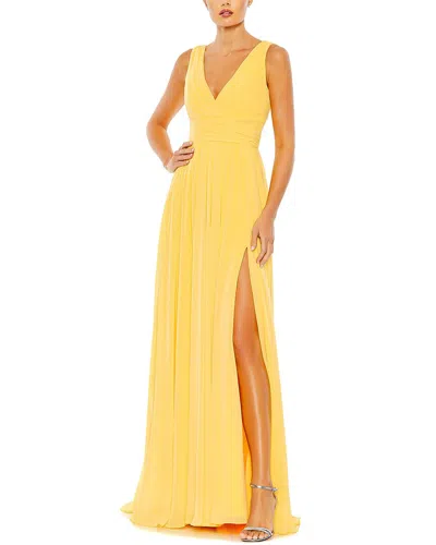 Mac Duggal Chiffon Sleeveless Wrap Over A Line Gown In Yellow