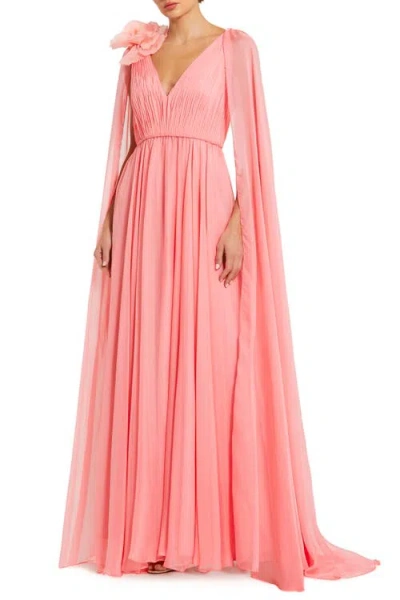 Mac Duggal Chiffon V-neck Cape Sleeve Gown With Floral Shoulder Detail In Pink