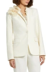Mac Duggal Classic Crepe Blazer Jacket With Flower In Ivory