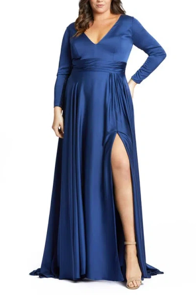 Mac Duggal Classic Satin Long Sleeve Evening Gown In Midnight
