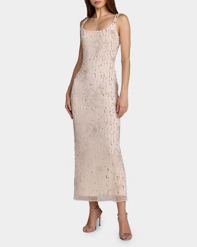 Mac Duggal Beaded Mesh Scoop Neck Fitted Gown With Bows In Neutral