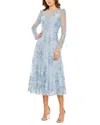 Mac Duggal Blue Embellished Illusion Long Sleeve Midi Dress