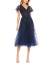 Mac Duggal Embellished Fluttersleeve Tea Length Dress In Midnight