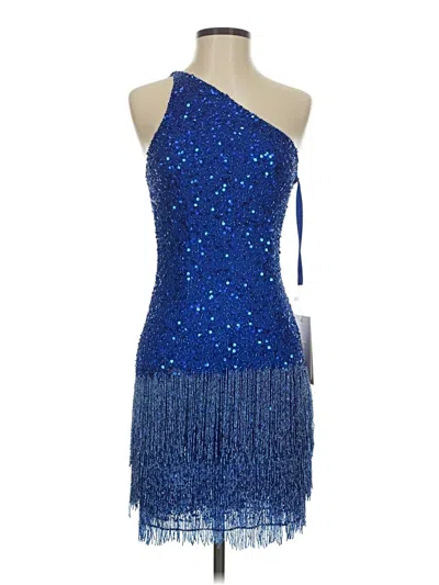 Mac Duggal One Shoulder Fringe Beaded Mini Dress In Blue