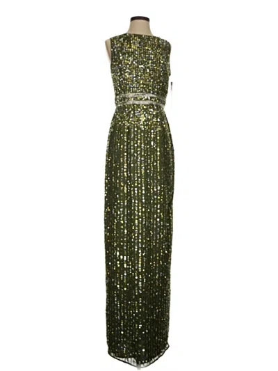 Mac Duggal Sequined High Neck Sleeveless Column Gown In Olive