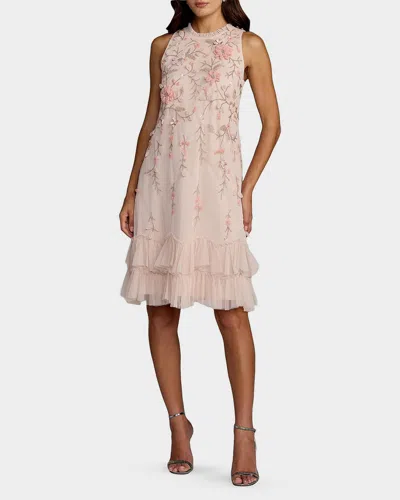 Mac Duggal Embellished Ruffle Tiered High Neck Floral Dress In White