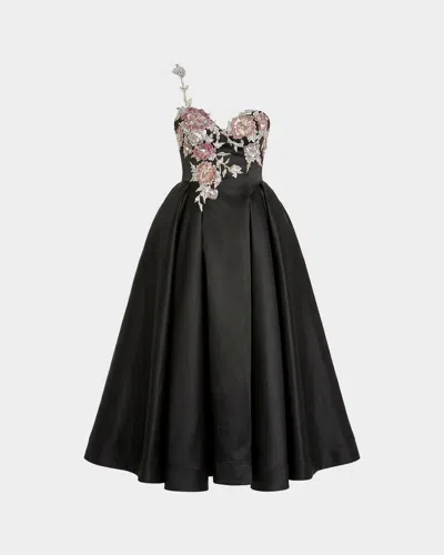Mac Duggal One Shoulder Satin Midi Dress With Beaded Flowers In Multi