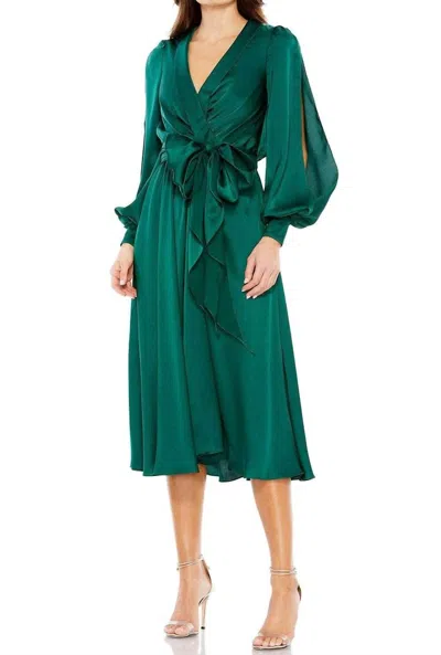 Mac Duggal Collared Faux Wrap Bishop Sleeve Flowy Dress In Emerald In Green