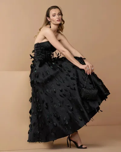 Mac Duggal Collection Black Strapless Feather Embellished Satin A-line Dress