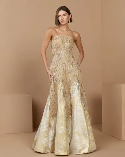 Mac Duggal Collection Gold Strapless Embellished Brocade A-line Gown In Champagne