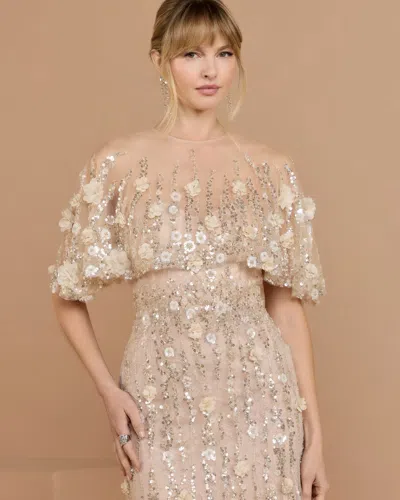 Mac Duggal Collection Petite Beige Embellished Cape Sleeve Mermaid Gown In Almond