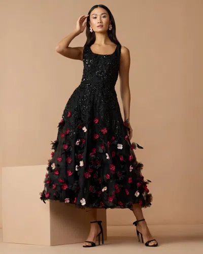 Mac Duggal Collection Petite Black Sleeveless Beaded Midi Dress With 3d Flowers In Black Multi