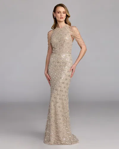 Mac Duggal Collection Petite Nude Embellished Lace Column Gown In Cream Nude