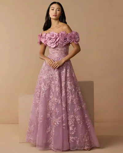 Mac Duggal Collection Purple Off The Shoulder 3d Floral Embroidered A-line Gown In Mauve