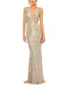 Mac Duggal Cut Out Halter Tie Back Sequin Gown In Silver