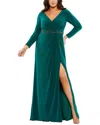 Mac Duggal Beaded Belt Jersey Faux Wrap Long Sleeve Gown