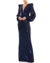 Mac Duggal Sequined Plunge Neck Structured Bishop Sleeve Gown In Multi