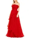 Mac Duggal Pleated Tiered Ruffled Strapless Gown In Red