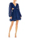 Mac Duggal V Neck Corset Back Long Puff Sleeve Ruffle Dress In Blue