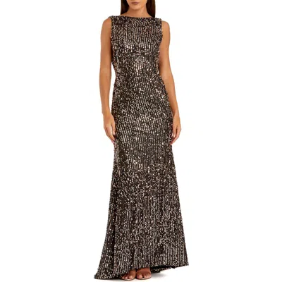 Mac Duggal Cowl Back Boat Neck Sequined Evening Gown In Bronze