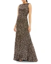 Mac Duggal Cowl Back Boat Neck Sequined Evening Gown In Bronze