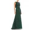 Mac Duggal Cowl Back Boat Neck Sequined Evening Gown In Emerald