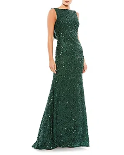 Mac Duggal Cowl Back Boat Neck Sequined Evening Gown In Emerald