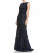 Mac Duggal Cowl Back Boat Neck Sequined Evening Gown In Midnight In Black