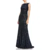 Mac Duggal Cowl Back Boat Neck Sequined Evening Gown In Midnight In Midnight