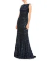 Mac Duggal Cowl Back Boat Neck Sequined Evening Gown In Midnight In Midnight