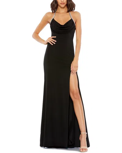 Mac Duggal Cowl Neck Halter Strap Low Back Gown In Black