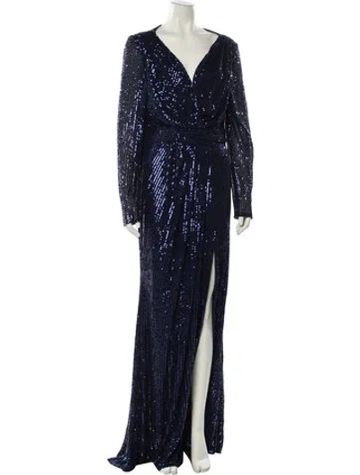 Pre-owned Mac Duggal Cowl Neck Long Dress In Blue