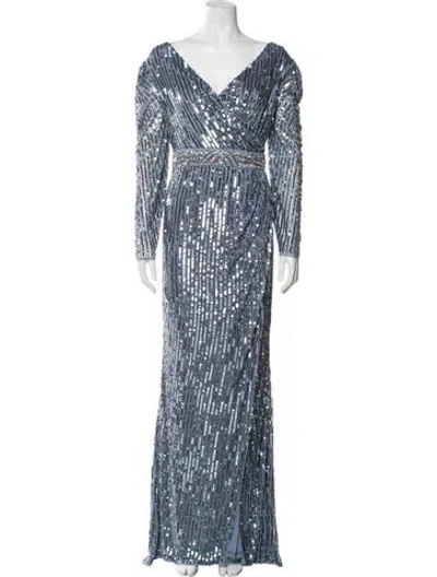 Pre-owned Mac Duggal Cowl Neck Long Dress In Blue