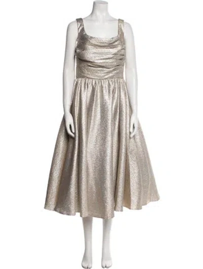 Pre-owned Mac Duggal Cowl Neck Midi Length Dress In Silver