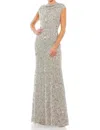 Mac Duggal Cowl Neckline Embellished Sequin Floral Dress In Light Grey In Gray
