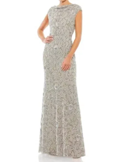Mac Duggal Cowl Neckline Embellished Sequin Floral Dress In Light Grey In Gray