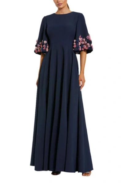 Mac Duggal Stretch Satin Elbow Sleeve Gown With Flower Trim In Blue