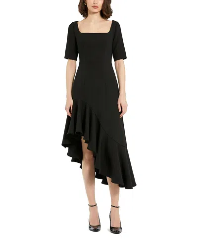 MAC DUGGAL CREPE 3/4 SLEEVE ASYMMETRICAL HEM BELTED DRESS