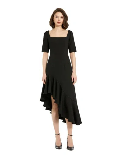 MAC DUGGAL MAC DUGGAL CREPE 3/4 SLEEVE ASYMMETRICAL HEM BELTED DRESS