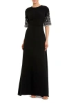 Mac Duggal Crepe A Line Gown With Beaded 3/4 Sleeves In Black