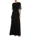 Mac Duggal Crepe A Line Gown With Beaded 3/4 Sleeves In Black