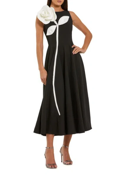 Mac Duggal Crepe A Line Midi Dress With 3d Flower In Black