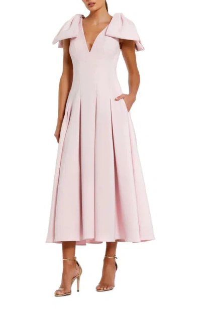 Mac Duggal Crepe A Line Midi Dress With Bow Straps In Pink